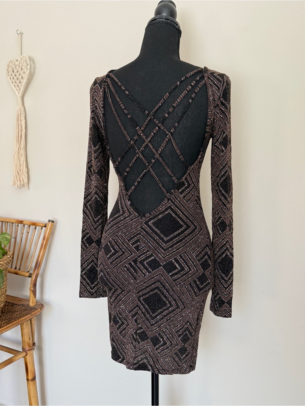 privy Black and Bronze Strappy-Back Long Sleeve Bodycon Dress